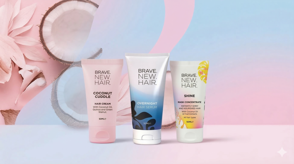 Подаръци Brave New Hair 50 ml: Coconut Cuddle, нощен серум и маска Shine